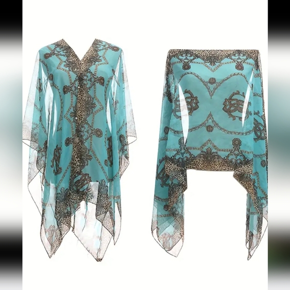 NIP Plus Size Tourqoise Kimono/Wrap with Print Sz OS - Picture 2 of 4